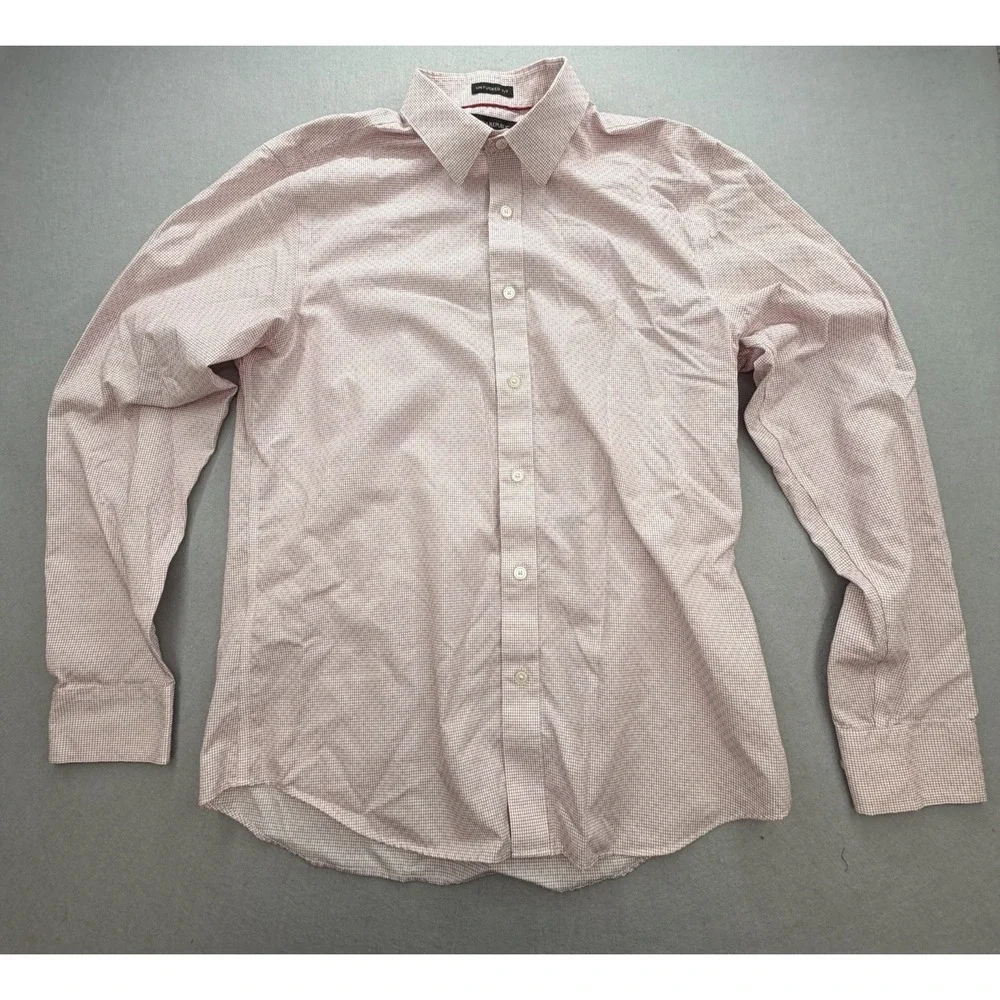 Banana Republic Mens M Untucked Slim Fit Non Iron Pink Gingham Shirt 424357-30